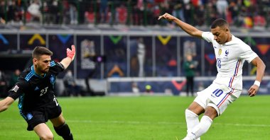 Kylian Mbappe of France scores their side's second goal past Unai Simon of Spain during the UEFA Nations League 2021 Final match between Spain and France at San Siro Stadium, Milan, Italy, Oct. 10, 2021. (Getty Images Photo)