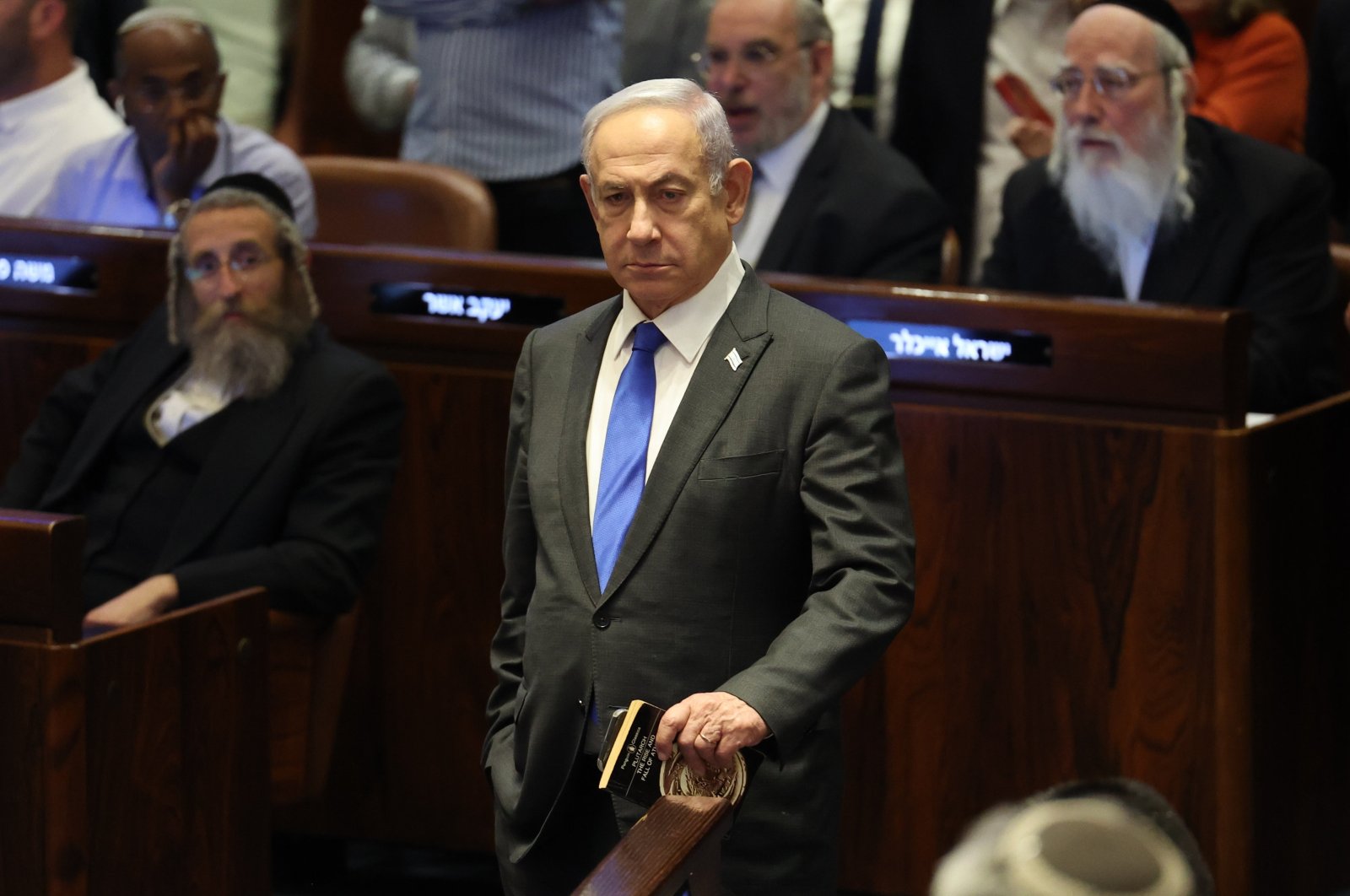 Israeli Prime Minister Benjamin Netanyahu (C) attends the Knesset plenum vote on the ultra-Orthodox conscription to military service law, in the Knesset, Israeli parliament, Jerusalem, Palestine, June 10, 2024. (EPA Photo)