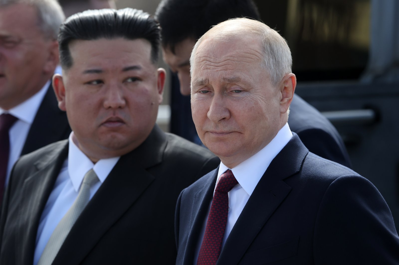 Russian President Vladimir Putin (R) and North Korean leader Kim Jong-un visit a construction site of the Angara rocket launch complex, Tsiolkovsky, Russia, Sept. 13, 2023. (Getty Images Photo)