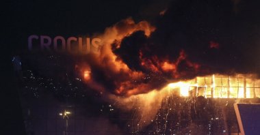 Fire rises above the burning Crocus City Hall concert venue following a terrorist attack in Krasnogorsk, outside Moscow, Russia, March 22, 2024. (EPA Photo)