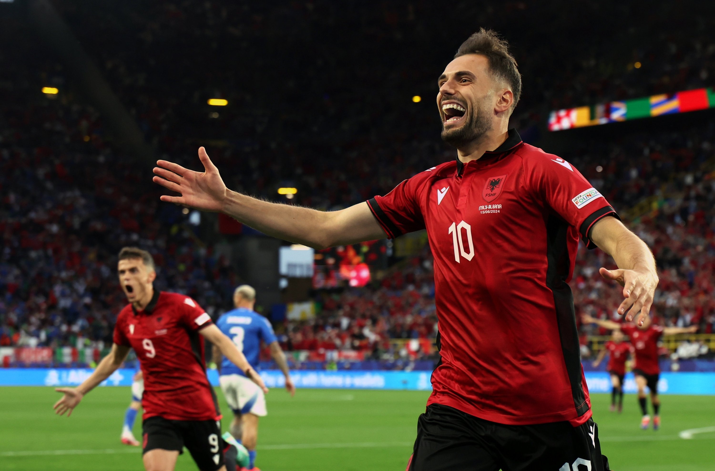 Nedim Bajrami of Albania celebrates scoring the 1-0 during the UEFA EURO 2024 group B match between Italy and Albania, Dortmund, Germany, June 15, 2024. (EPA Photo)