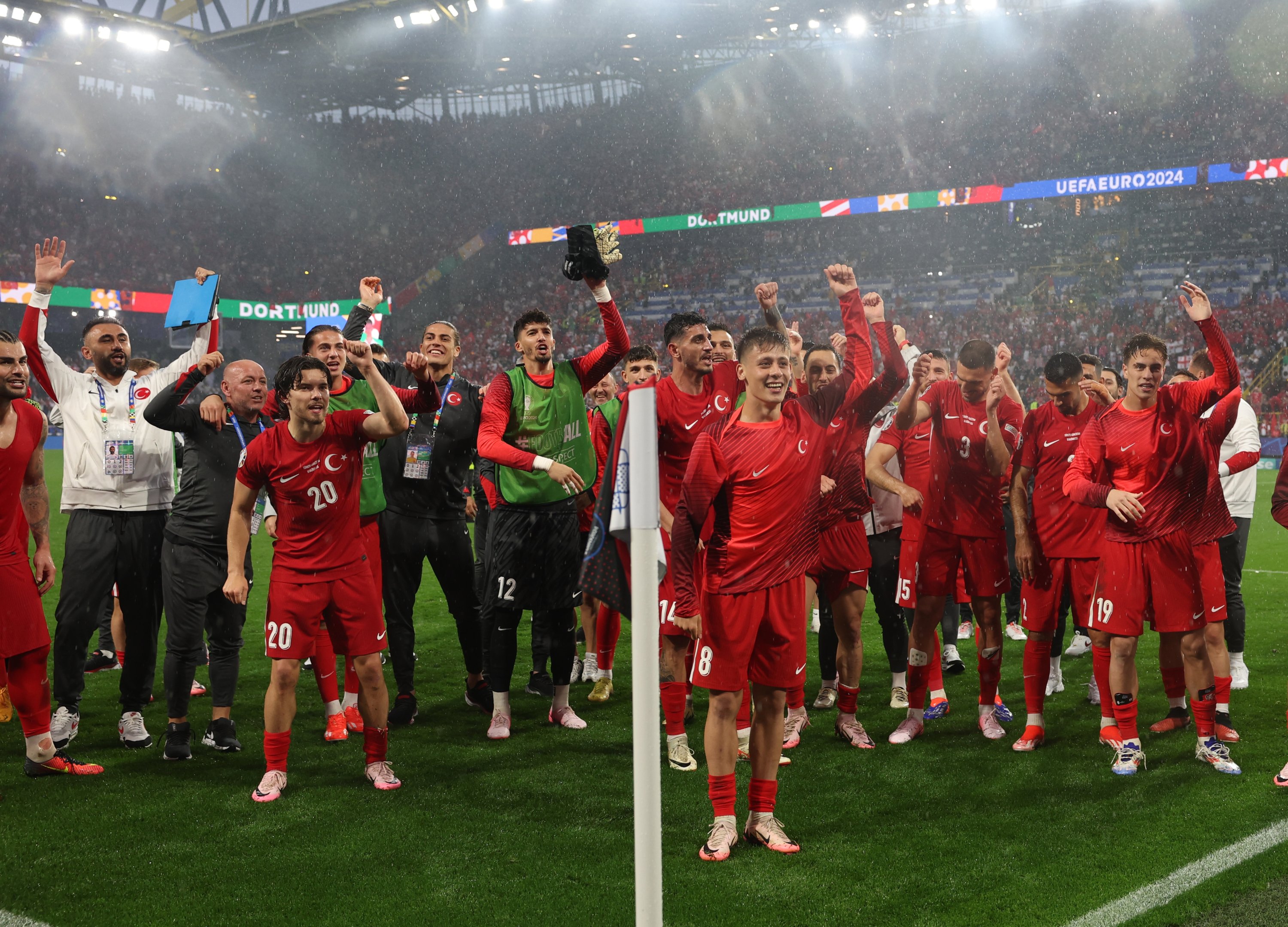 Turkish players celebrate after beating Georgia during the Euro 2024, group F match at the Dortmund BVB Stadion, Dortmund, Germany, June 18, 2024. (DHA Photo)