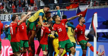 Portugal players celebrate after Francisco Conceicao's goal against Czech Republic at the Leipzig Stadium, Leipzig, Germany, June 18, 2024. (Reuters Photo)