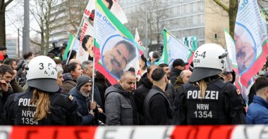 Police officers secure a demonstration of supporters of the PKK terrorist group demanding the release of the PKK&#039;s imprisoned leader Abdullah Öcalan, Cologne, Germany, Feb. 17, 2024. (Reuters Photo)