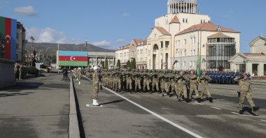 Azerbaijani officers attend a military parade marking the third anniversary of the victory in the Karabakh war, Khankendi, Karabakh, Azerbaijan, Nov. 8, 2023. (EPA Photo)