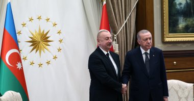 President Recep Tayyip Erdoğan (R) shakes hands with Azerbaijani President Ilham Aliyev in the Presidential Complex, Ankara, Türkiye, June 10, 2024. (IHA Photo)