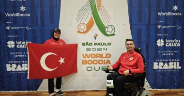 Turkish para-athlete Öner Bozbıyık (R) with his trainer and wife Sema Bozbıyık after winning at the Boccia World Cup, Sao Paulo, Brazil, June 4, 2024. (AA Photo)
