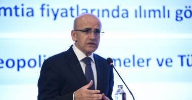 Treasury and Finance Minister Mehmet Şimşek speaks during an event, Istanbul, Türkiye, May 29, 2024. (AA Photo)
