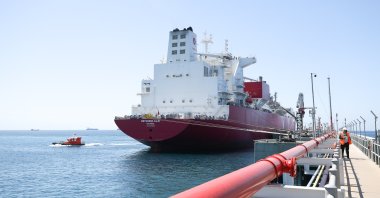 Turkey’s floating storage and regasification unit (FSRU) Ertuğrul Gazi is seen at the port in Dörtyol in Hatay, southern Türkiye, April 22, 2021. (AA Photo)