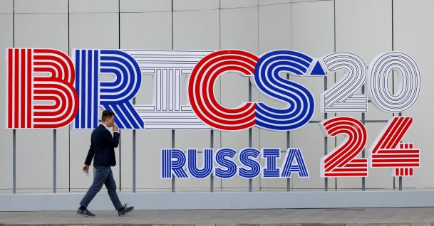 A man walks outside a venue that will host a meeting of foreign ministers of the BRICS group of nations in the city of Nizhny Novgorod, Russia, June 9, 2024. (Reuters Photo)