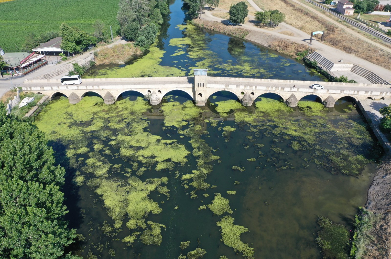 An aerial view shows the algae and duckweed taking over Tunca River, Edirne, Türkiye, June 20, 2024. (AA Photo)