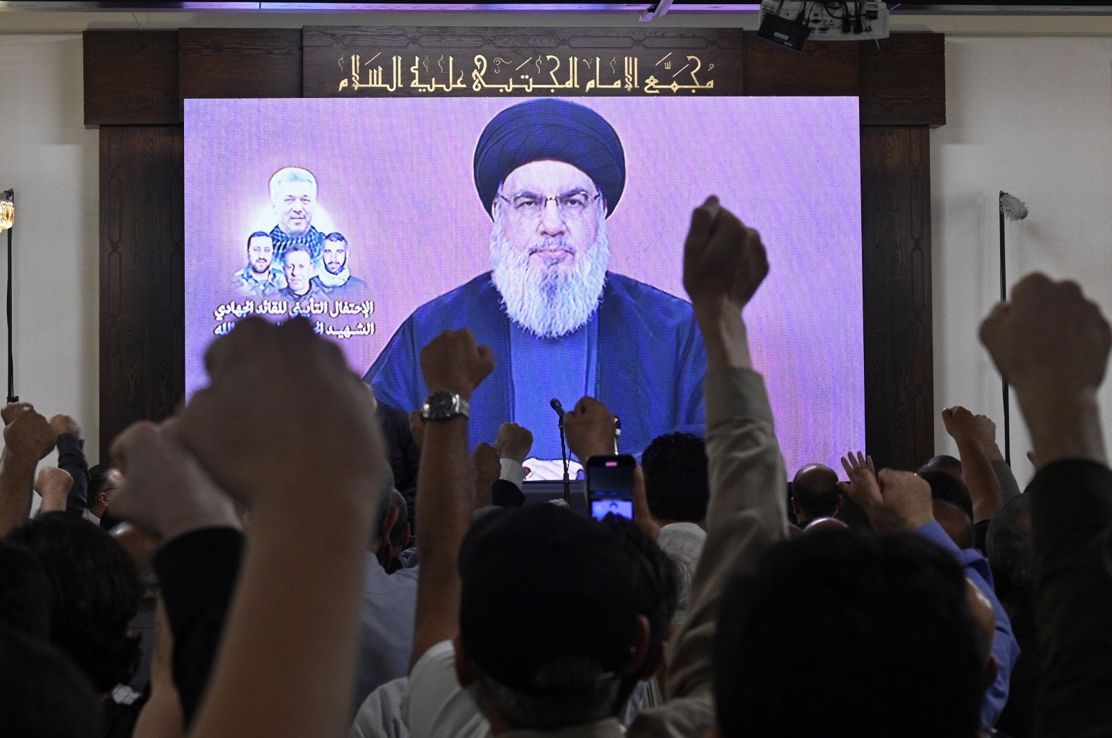 Hezbollah leader Hassan Nasrallah delivers a speech via a screen in Beirut, Lebanon, June 19, 2024. (EPA Photo)