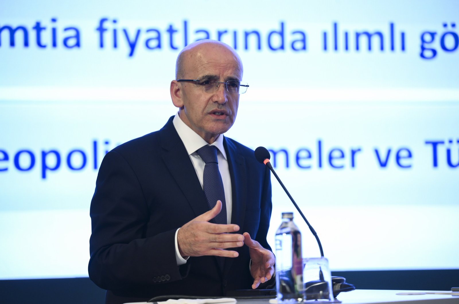 Treasury and Finance Minister Mehmet Şimşek speaks during an event, Istanbul, Türkiye, May 29, 2024. (AA Photo)