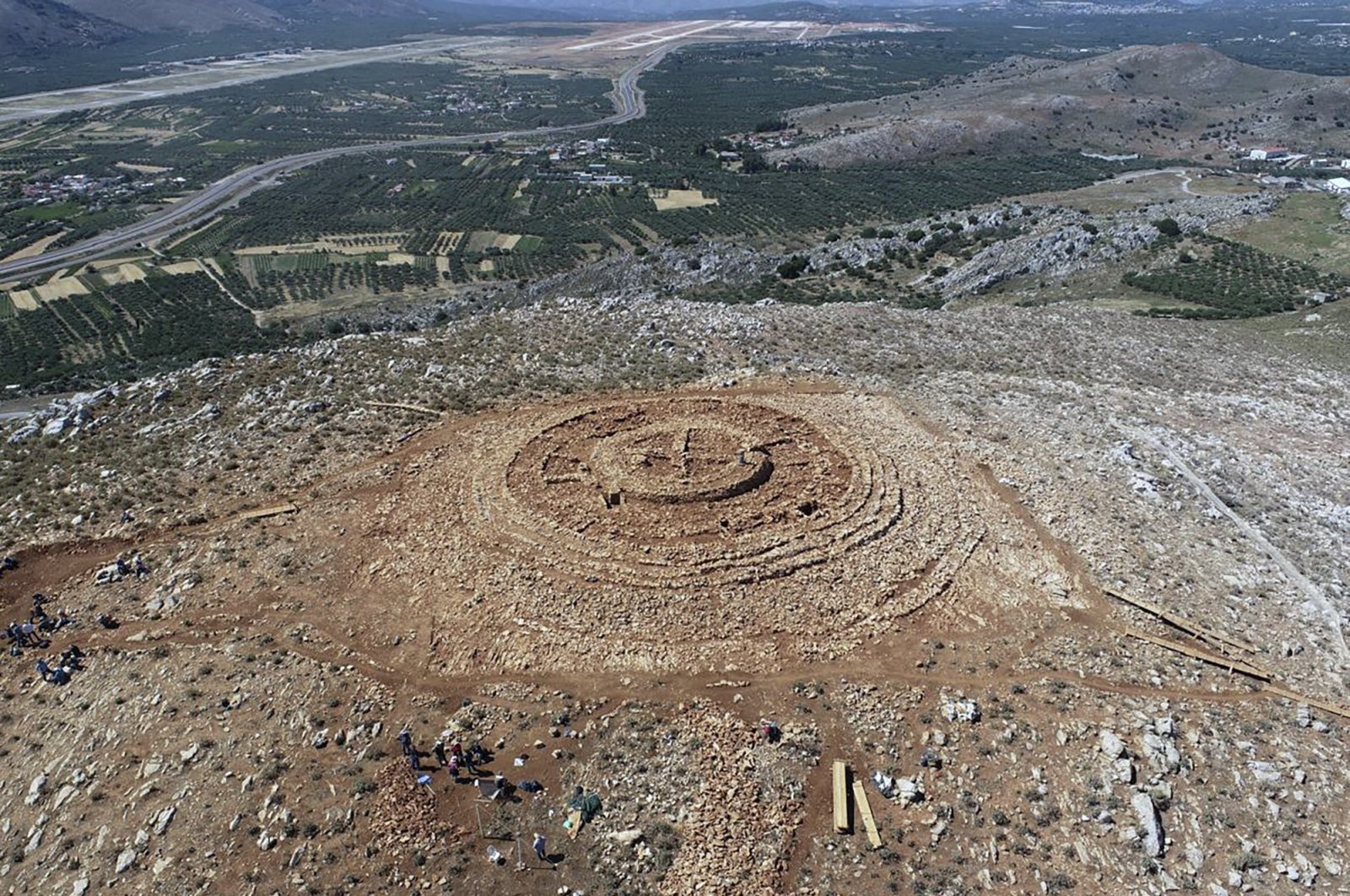 The ruins of a 4,000-year-old hilltop building newly discovered on the island of Crete are seen from above in this undated photo provided by the Greek Culture Ministry on Tuesday, June 11, 2024. (Greek Culture Ministry via AP)
