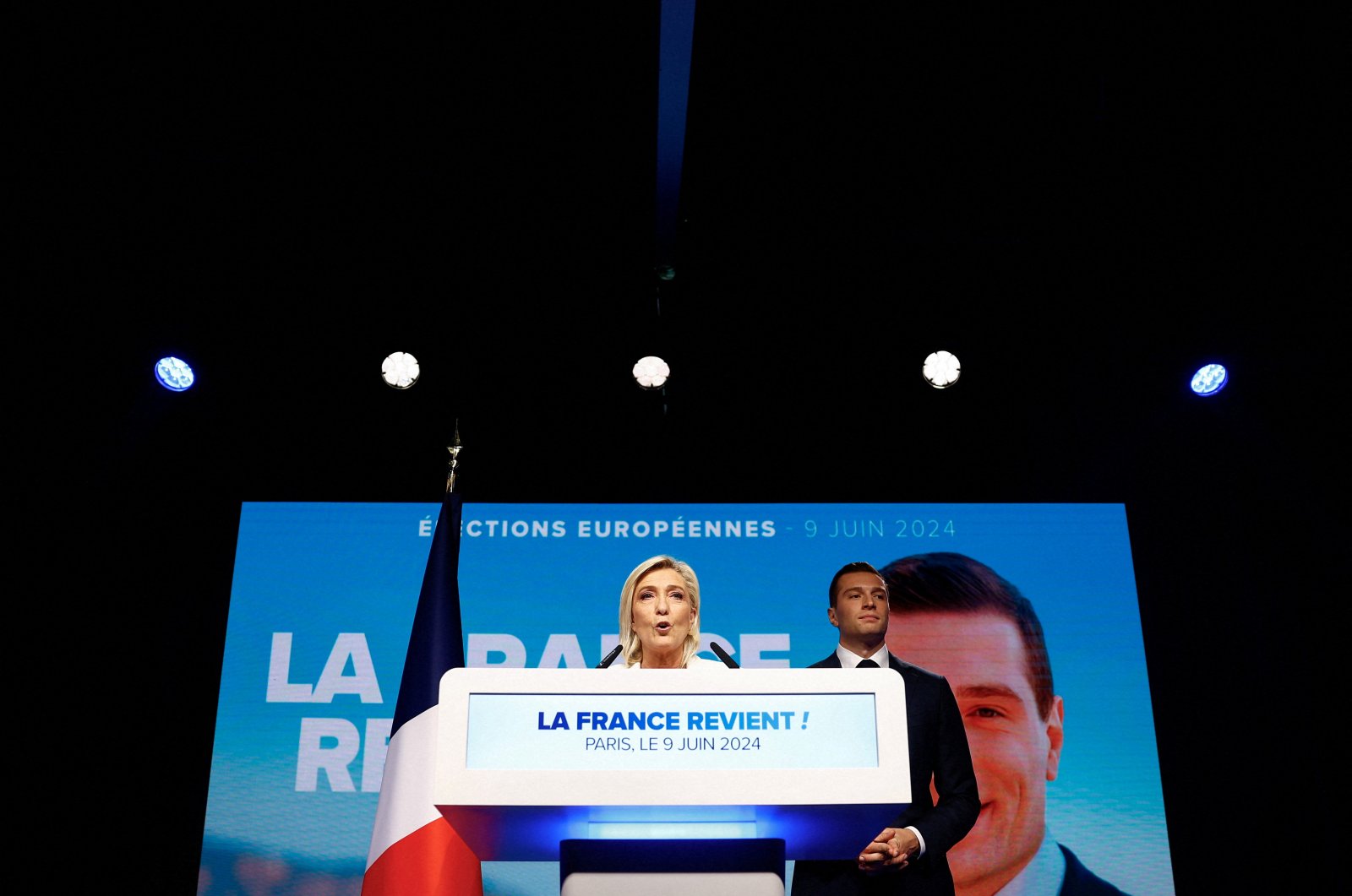  Marine Le Pen, President of the French far-right National Rally party parliamentary group, addresses party members after the polls closed during the European Parliament elections, in Paris, France, June 9, 2024. (Reuters File Photo)