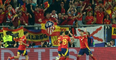 Alvaro Morata of Spain (R) and teammates celebrate after an Italian own goal during the UEFA EURO 2024 group B match between Spain and Italy, Gelsenkirchen, Germany, June 20, 2024. (EPA Photo)