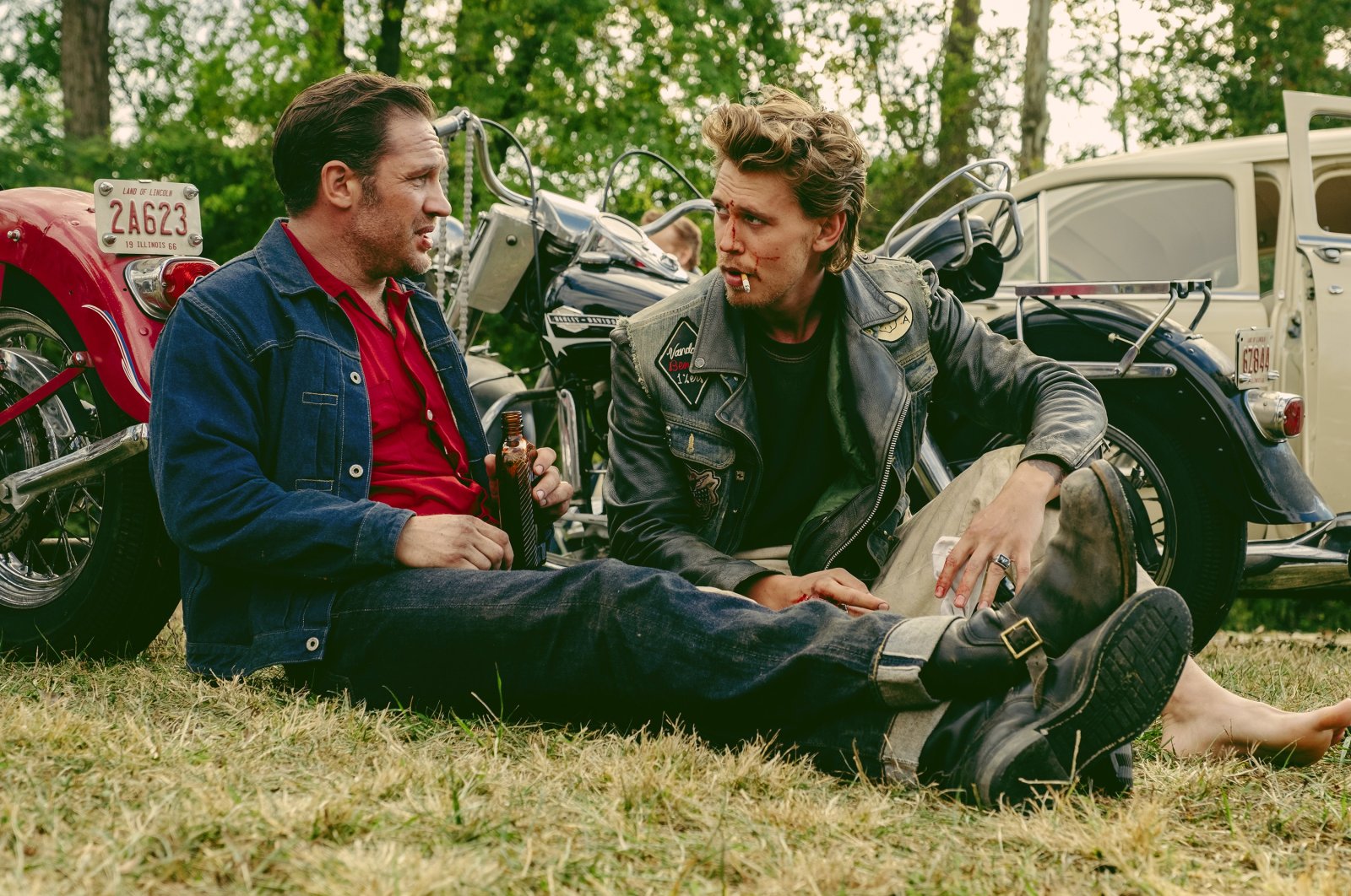 This image released by Focus Features shows Tom Hardy (L) and Austin Butler in a scene from &quot;The Bikeriders.&quot; (AP Photo)