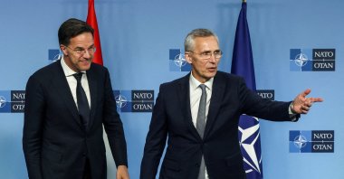 Dutch Prime Minister Mark Rutte (L) and NATO Secretary-General Jens Stoltenberg meet at the alliance's headquarters, Brussels, Belgium, April 17, 2024. (Reuters Photo)