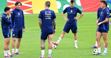 Italy players attend a training session in Iserlohn, Germany, June 21, 2024. (EPA Photo)