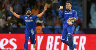 Afghanistan players celebrate their win against Australia, in the Twenty20 World Cup 2024, in Arnos Vale, Saint Vincent and the Grenadines, June 22, 2024. (AFP Photo)