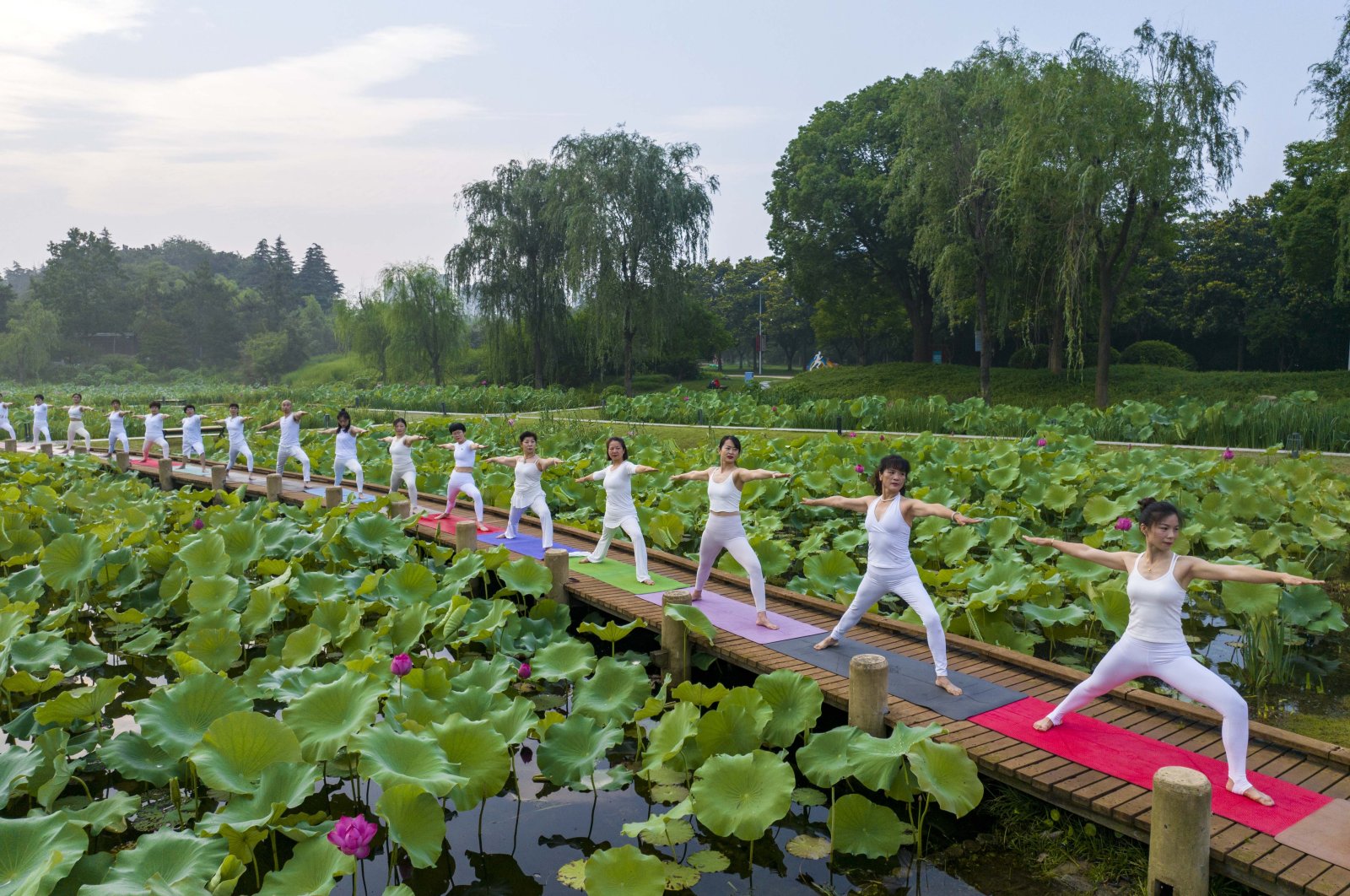 Yoga lovers practice yoga on the lotus Pond trestle at Tiande Lake Park in Taizhou, Jiangsu province, China, June 21, 2023. (Getty Images Photo)