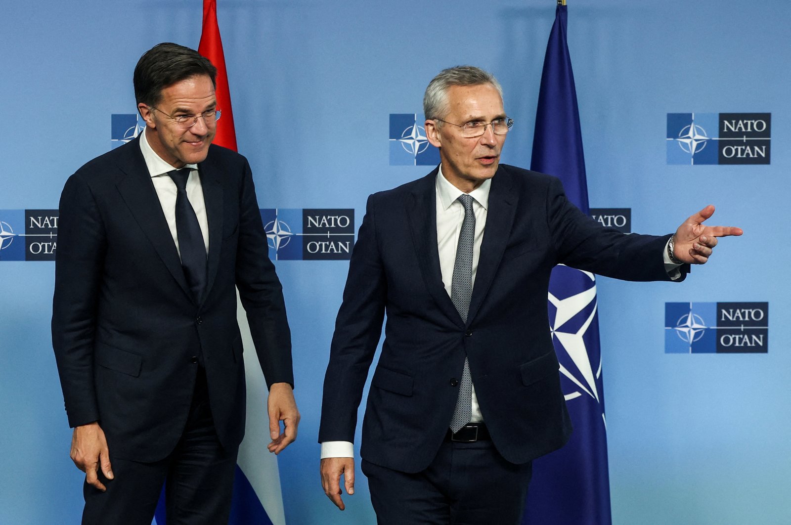 Dutch Prime Minister Mark Rutte (L) and NATO Secretary-General Jens Stoltenberg meet at the alliance&#039;s headquarters, Brussels, Belgium, April 17, 2024. (Reuters Photo)