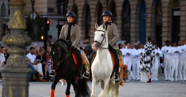 Kendall Jenner and Gigi Hadid ride horses on the runway during Vogue World: Paris at Place Vendome in Paris, France, June 23, 2024. (Getty Images)