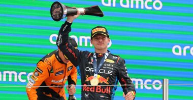Red Bull&#039;s Dutch driver Max Verstappen celebrates on the podium winning the Spanish Formula One Grand Prix at the Circuit de Catalunya, Barcelona, Spain, June 23, 2024. (AFP Photo)