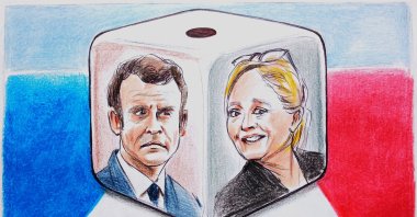 The illustration shows French President Emmanuel Macron (L) and France&#039;s far-right National Rally (RN) party&#039;s leader Marine Le Pen as legislative elections near. (Illustration by Erhan Yalvaç)