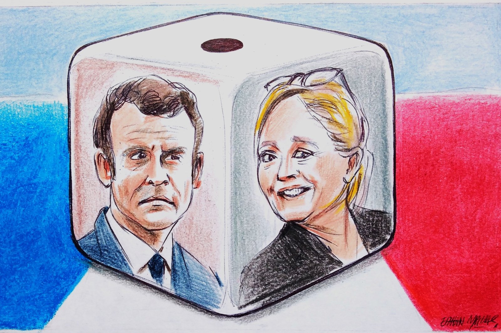 The illustration shows French President Emmanuel Macron (L) and France&#039;s far-right National Rally (RN) party&#039;s leader Marine Le Pen as legislative elections near. (Illustration by Erhan Yalvaç)