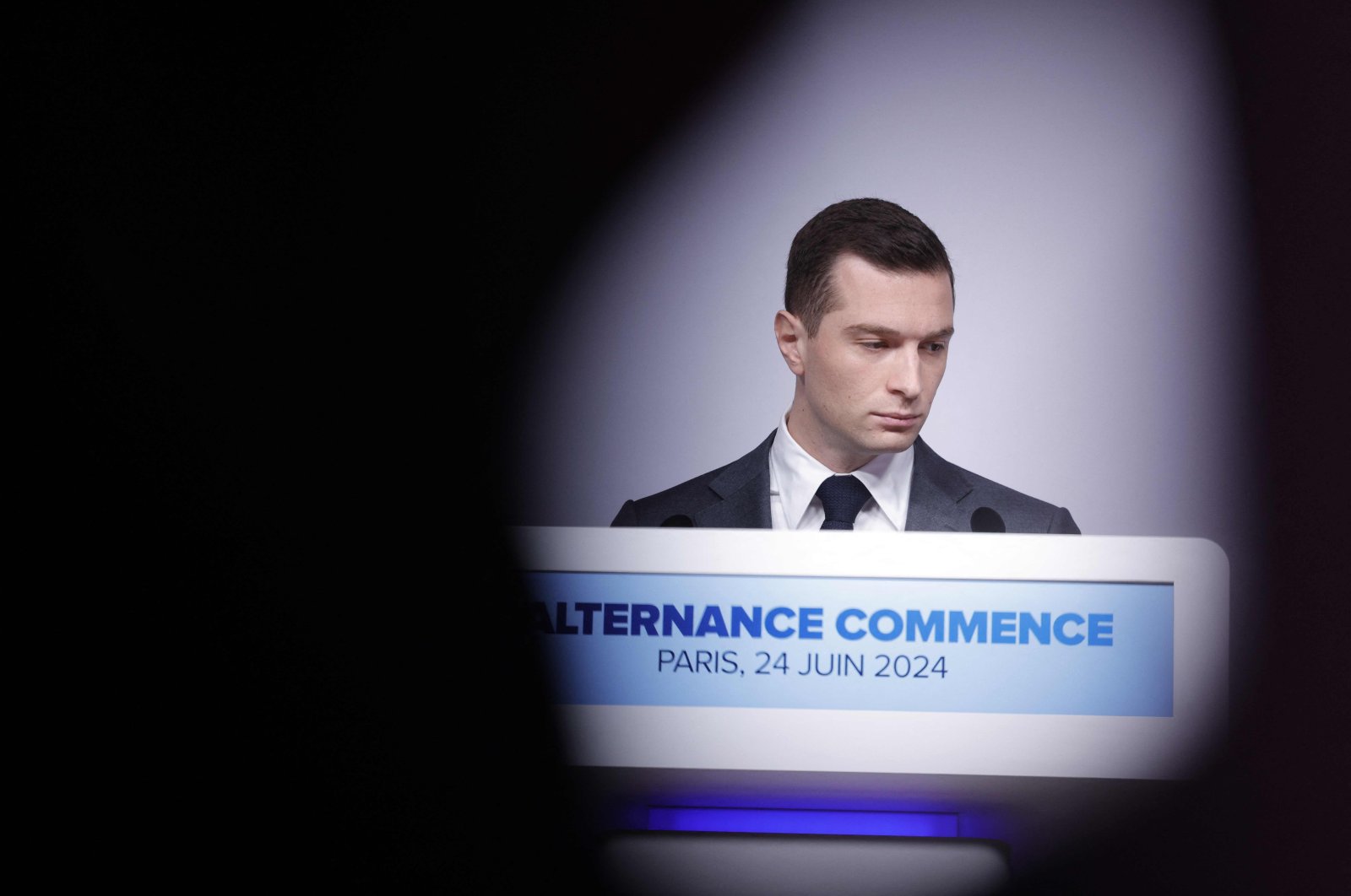 French far-right National Rally (RN) party President Jordan Bardella delivers a speech in Paris, France, June 24, 2024. (AFP Photo)