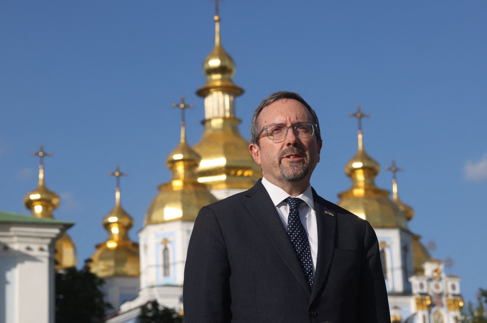 U.S. Acting Under Secretary for Political Affairs, John Bass delivers a news conference at the Mykhaylivska Square in Kyiv, June 21, 2024. (AFP Photo)