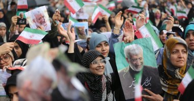 Supporters of Iranian presidential hardliner candidate Saeed Jalili cheer during an election campaign in Tehran, Iran, June 24, 2024. (EPA Photo)