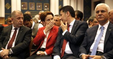 Koray Aydın (4th R) attends the Nationalist Movement Party’s (MHP) congress with Meral Akşener (2nd L) and Sinan Oğan (C), in the capital Ankara, Türkiye, June 19, 2016. (Sabah File Photo)