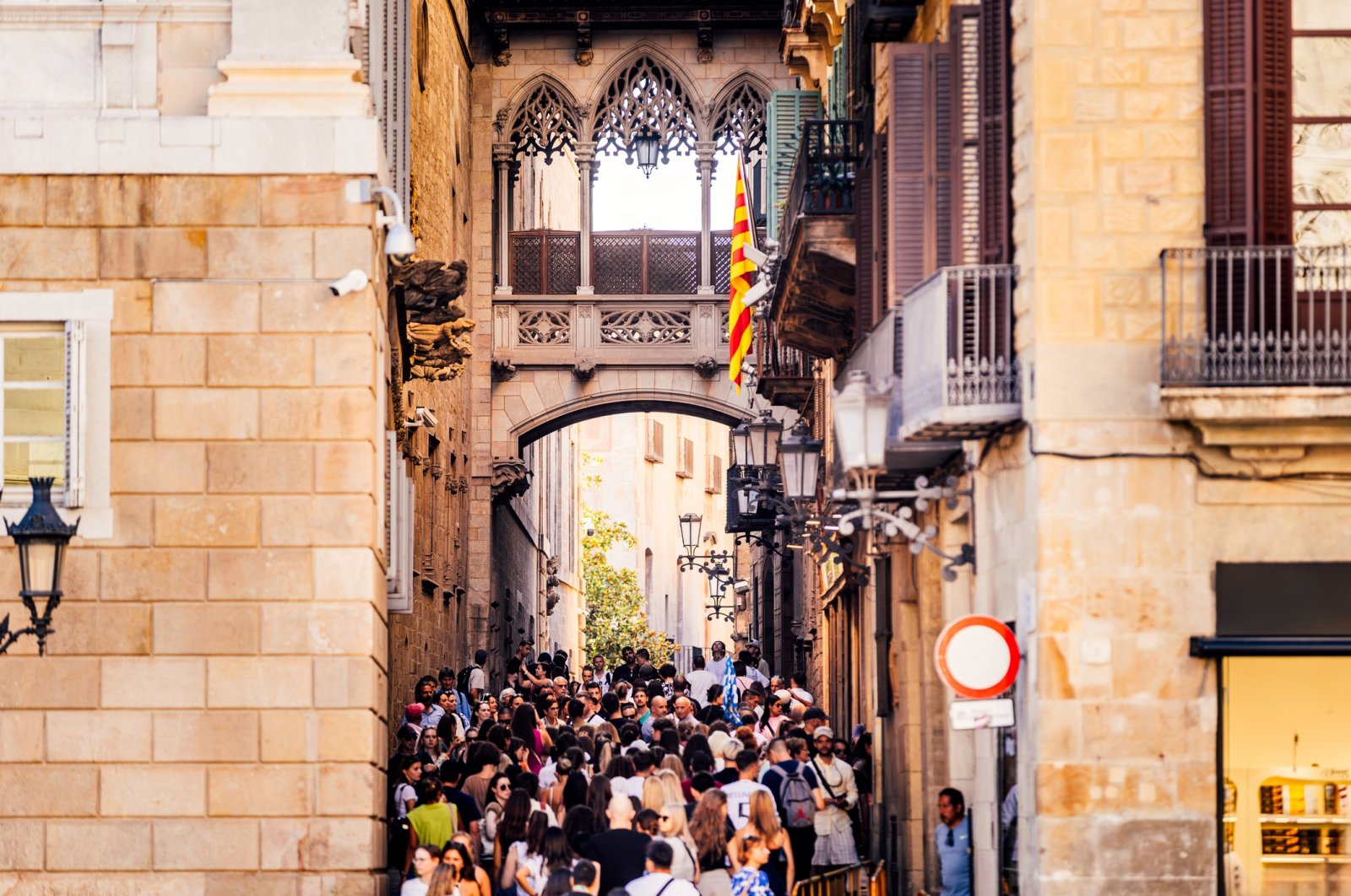 Tourists crowd the narrow alleys of the Gothic Quarter, Barcelona, Spain, April 12, 2024. (Getty Images)