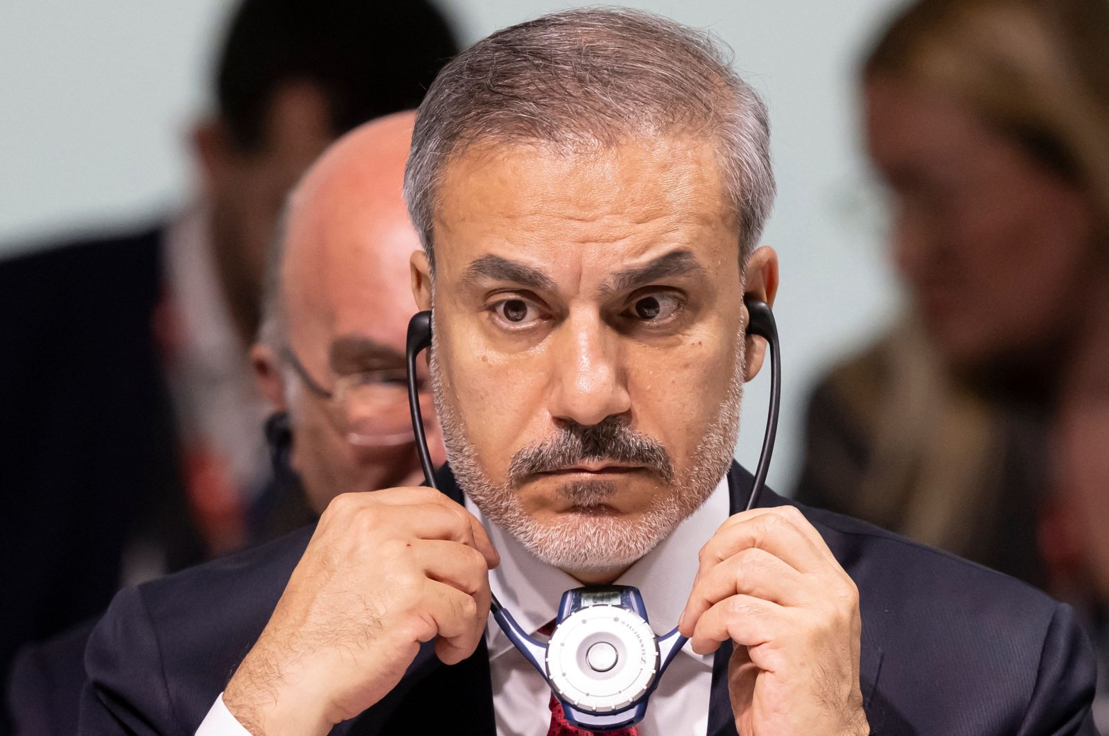 Foreign Minister Hakan Fidan listens to a speech during the opening plenary session of the Summit on Peace in Ukraine, Stansstad near Lucerne, Switzerland, June 15, 2024. (AFP Photo)