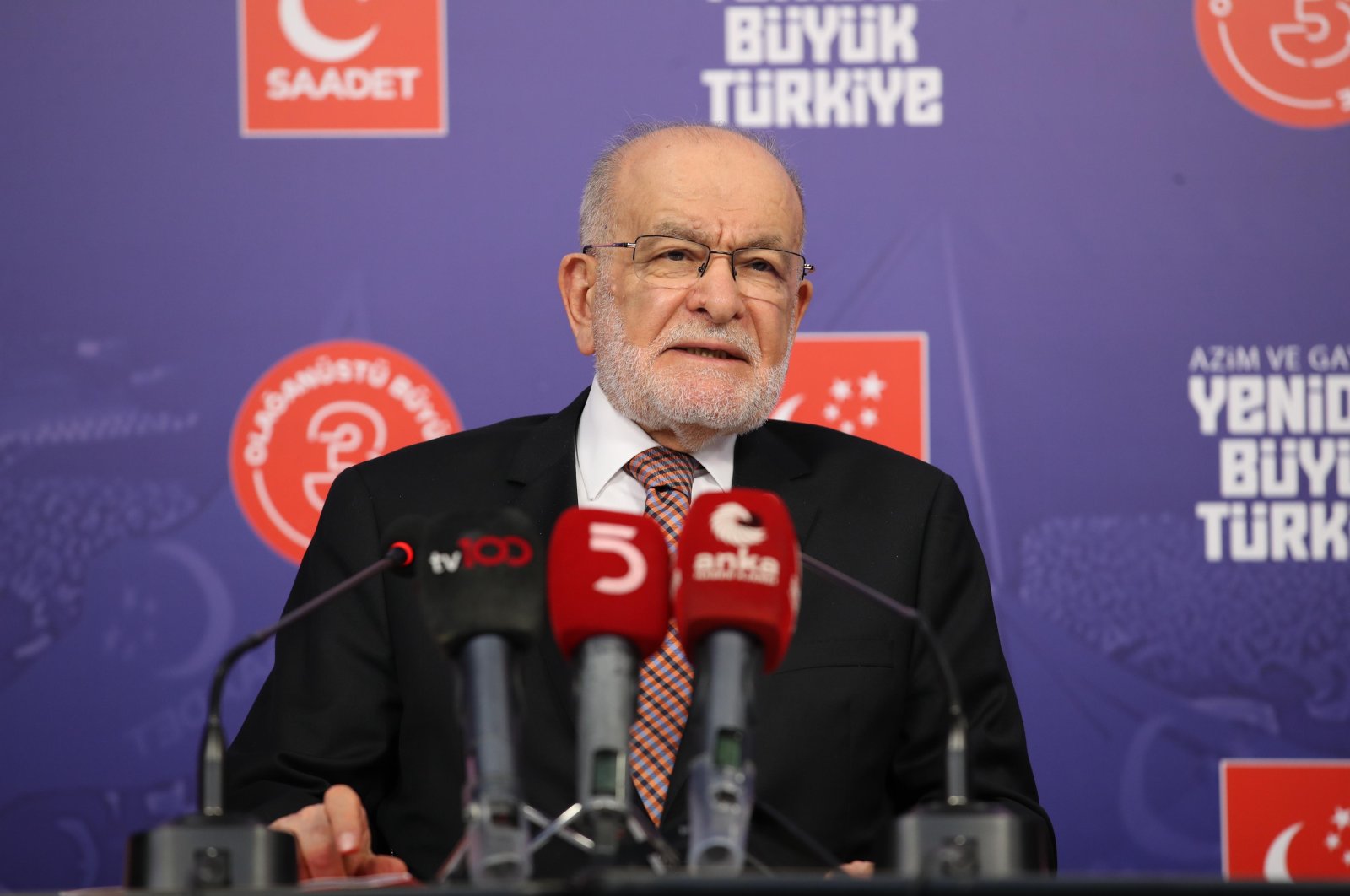 Temel Karamollaoğlu, head of the Felicity Party (SP), holds a news conference at the party&#039;s headquarters, Ankara, Türkiye, June 25, 2024. (DHA Photo)