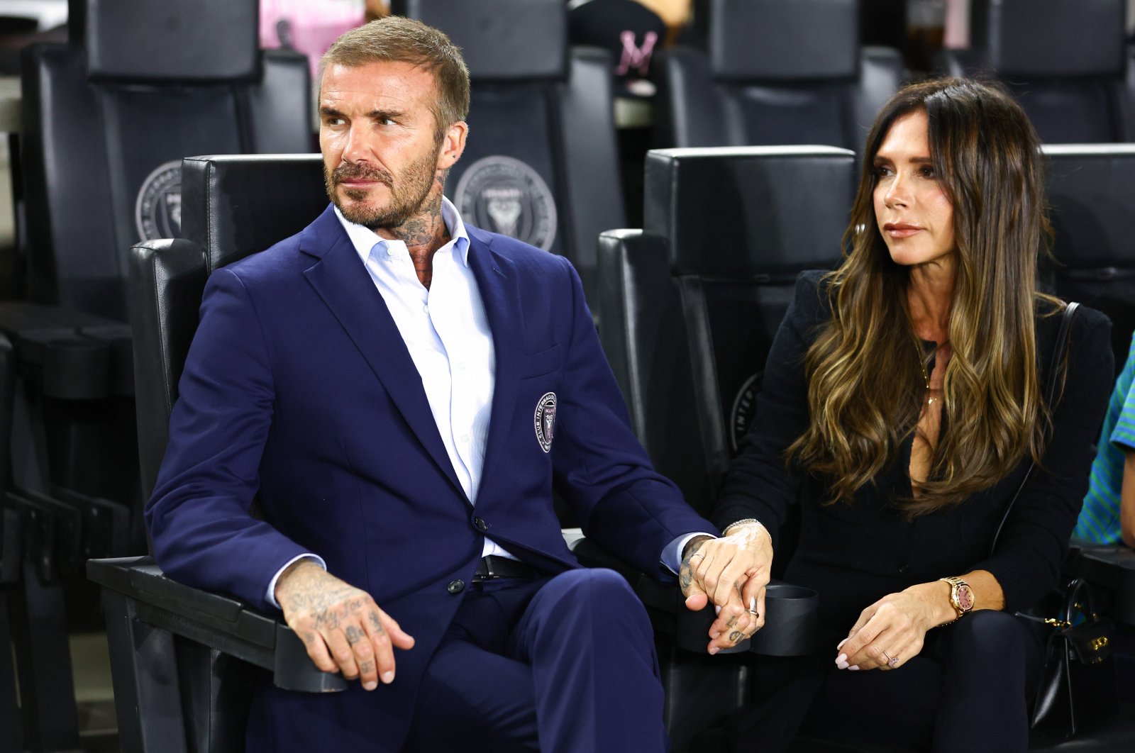 Co-owner David Beckham of Inter Miami (L) and his wife Victoria Beckham look on before a game between Charlotte FC and Inter Miami at DRV PNK Stadium, Fort Lauderdale, Florida, U.S., Oct. 18, 2023. (Getty Images Photo)