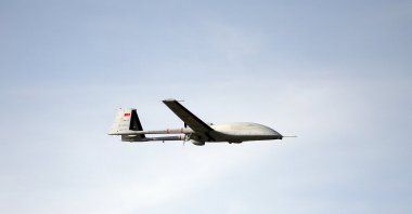 Türkiye&#039;s new combat drone, the Bayraktar TB3, is seen in the air during the high-altitude system identification and performance test, Edirne, northwestern Türkiye, June 25, 2024. (AA Photo)