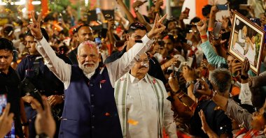 Indian Prime Minister Narendra Modi gestures as he arrives at Bharatiya Janata Party (BJP) headquarters in New Delhi, India, June 4, 2024. (Reuters Photo)