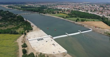 An aerial view of the hydroelectric power plant at Meriç River, Edirne, northwestern Türkiye, June 14, 2024. (AA Photo)