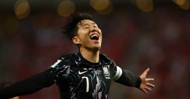 South Korea's Son Heung-min celebrates scoring their fifth goal during the World Cup qualifiers match against Singapore at the National Stadium, Kallang, Singapore, June 6, 2024. (Reuters Photo) 