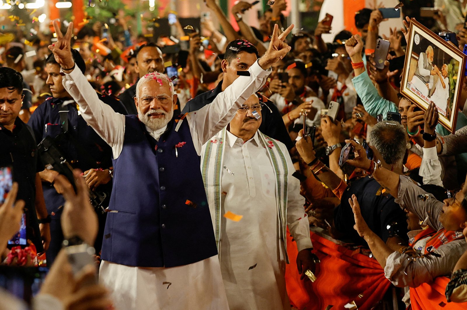 Indian Prime Minister Narendra Modi gestures as he arrives at Bharatiya Janata Party (BJP) headquarters in New Delhi, India, June 4, 2024. (Reuters Photo)