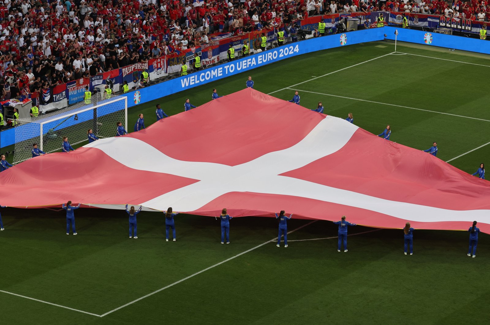 The flag of Denmark ahead of the UEFA EURO 2024 Group C soccer match between Denmark and Serbia, in Munich, Germany, June 25, 2024. (EPA Photo)