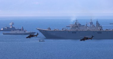 Turkish army helicopters and vessels participate in a military exercise off the coast of Izmir, western Türkiye, May 30, 2024. (AA Photo)