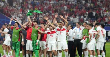 Turkish national team players celebrate their victory during the UEFA Euro 2024 group stage match against Czechia at Volksparkstadion, Hamburg, Germany, June 26, 2024. (Getty Images Photo)