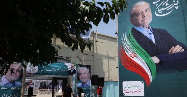 A banner of presidential candidate Masoud Pezeshkian is displayed at a campaign center in Tehran, Iran, June 26, 2024. (Reuters Photo)