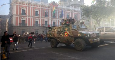 A military vehicle moves near the government headquarters in La Paz, Bolivia, June 16, 2024. (EPA Photo)