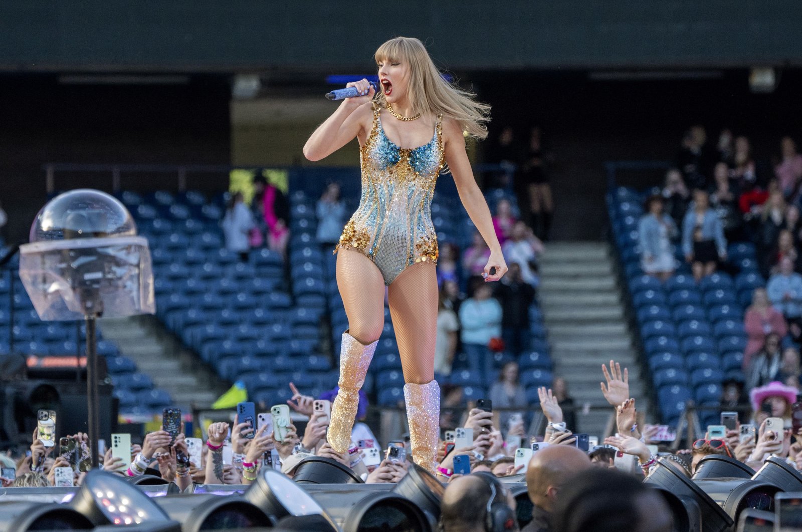 Singer Taylor Swift performs onstage during her Eras Tour at the Murrayfield Stadium, Edinburgh, Scotland, June 7, 2024. (AP Photo)