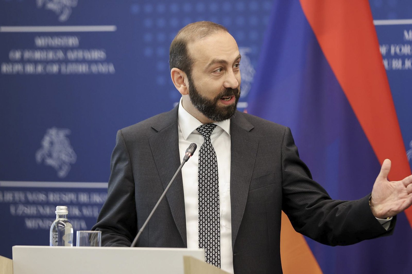 Armenian Foreign Minister Ararat Mirzoyan attends a joint news conference with Lithuanian Foreign Minister Gabrielius Landsbergis in Yerevan, Armenia, June 21, 2024. (EPA Photo)